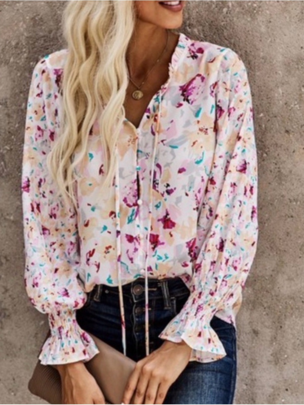 Floral Pink Button Up Long-Sleeve Blouse